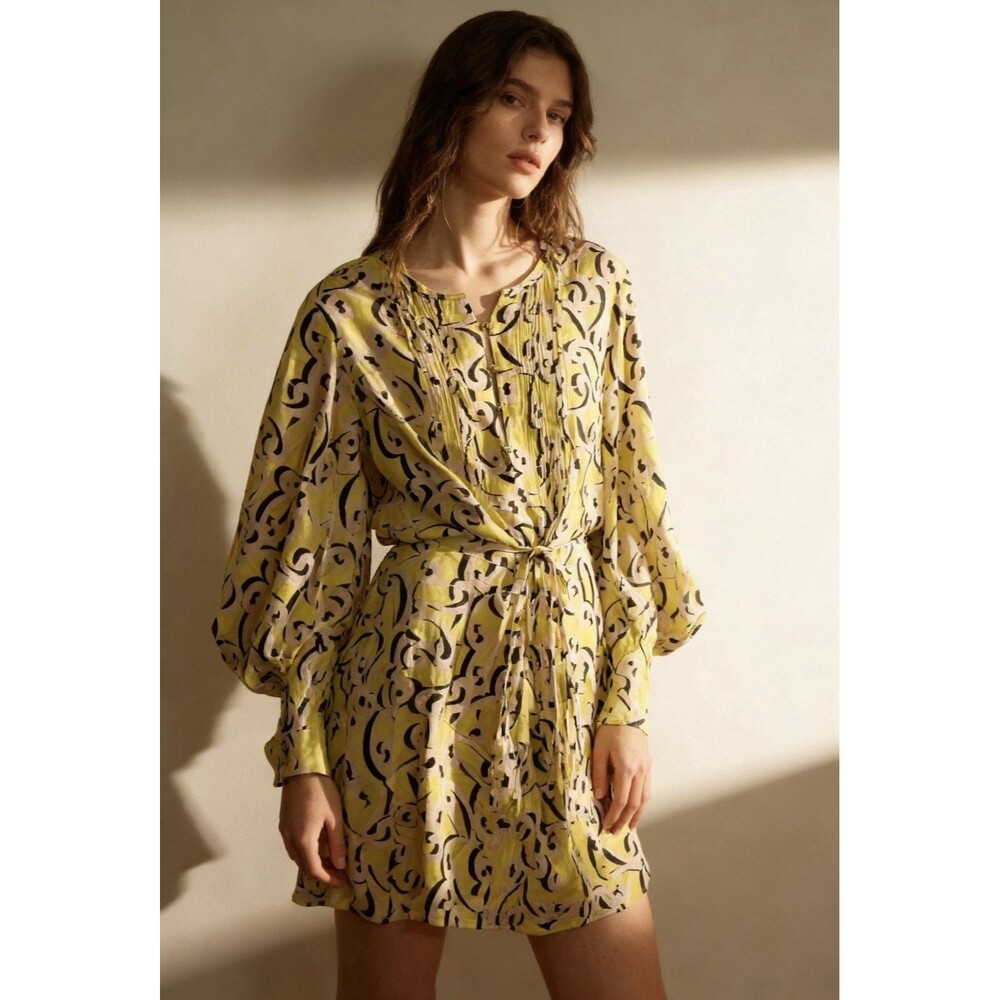 Diane von Furstenburg Yellow Swirl Silk Blend Tie Waist Dress Size 6 EUC!!